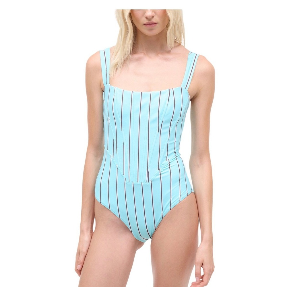 STAUD Adelaide One Piece Swimsuit Pool Stripe Blue Corset Seaming Zip Back M